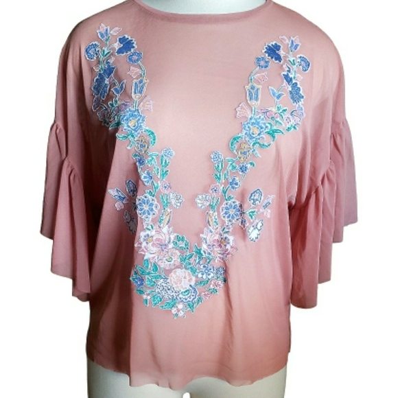 Zara Orange Floral Top Sheer Applique Blouse Bohemian Y2K Cover Up Womens Sz L - Picture 2 of 8